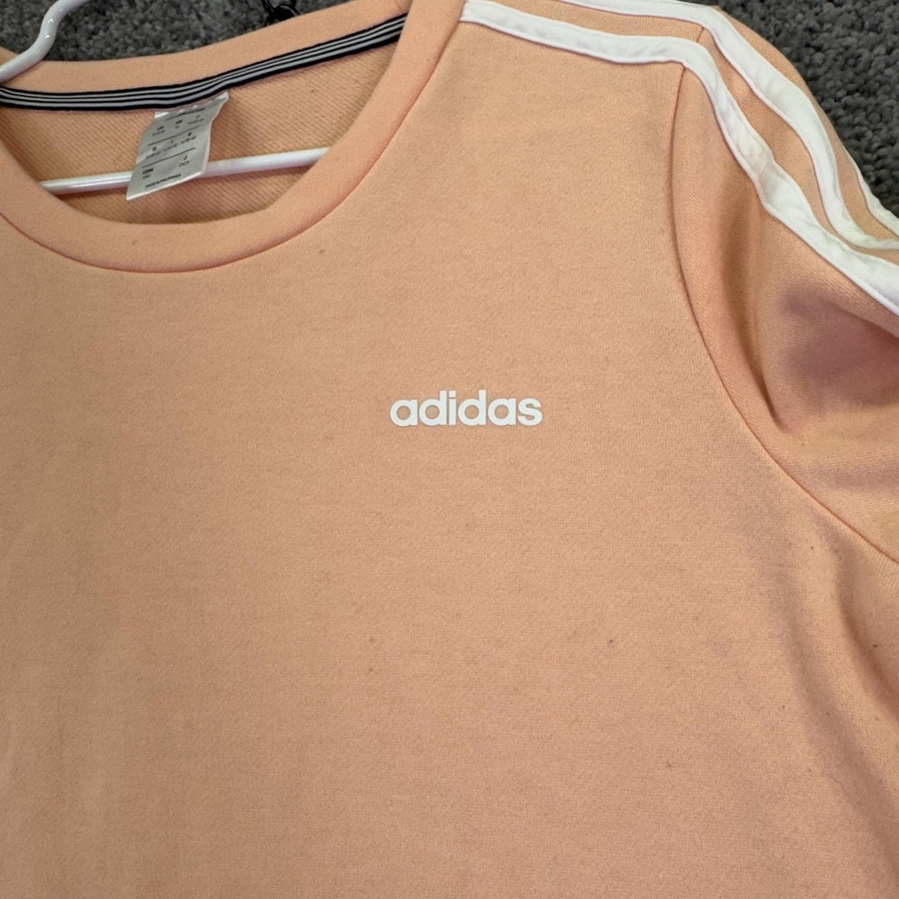 Adidas Sweatshirt Womens Medium Pink Fleece Pullover 3-Stripes Logo Crew Neck - Picture 5 of 8
